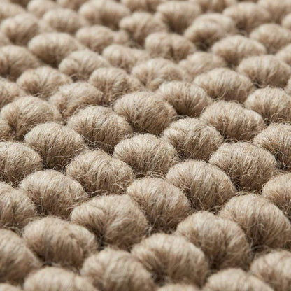 Chunky wool area rug with thick, braided neutral beige texture in living room.