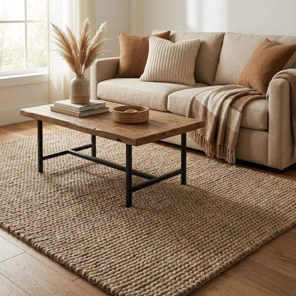 Chunky wool area rug with thick braided texture in neutral beige for cozy living rooms