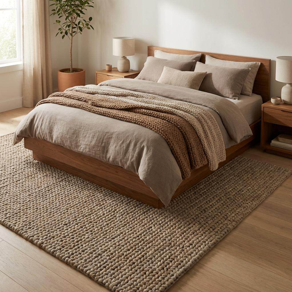 Chunky wool area rug with thick braided texture in neutral beige for cozy living room decor