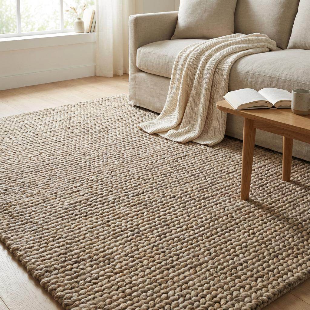 Chunky wool area rug with thick braided texture in neutral beige for cozy living rooms