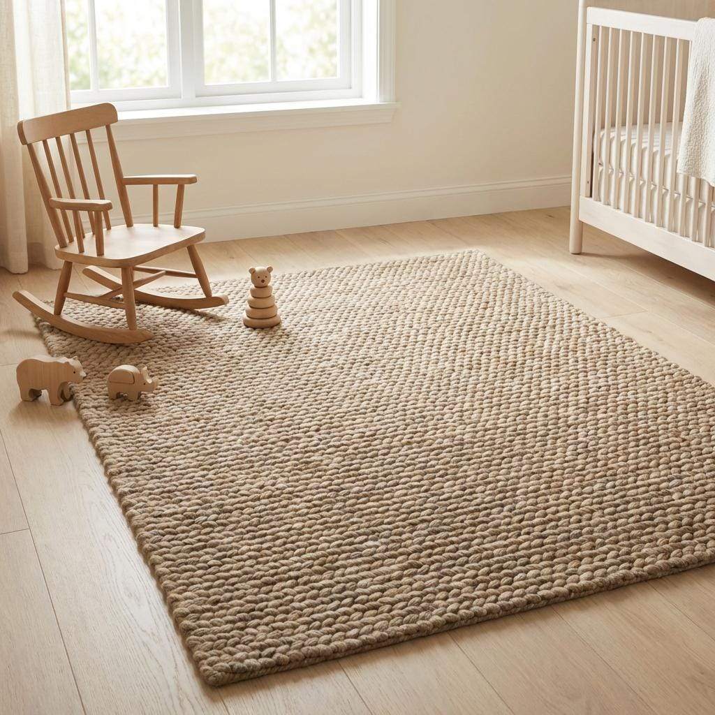 Chunky wool area rug with thick braided texture in neutral beige for cozy living room floors