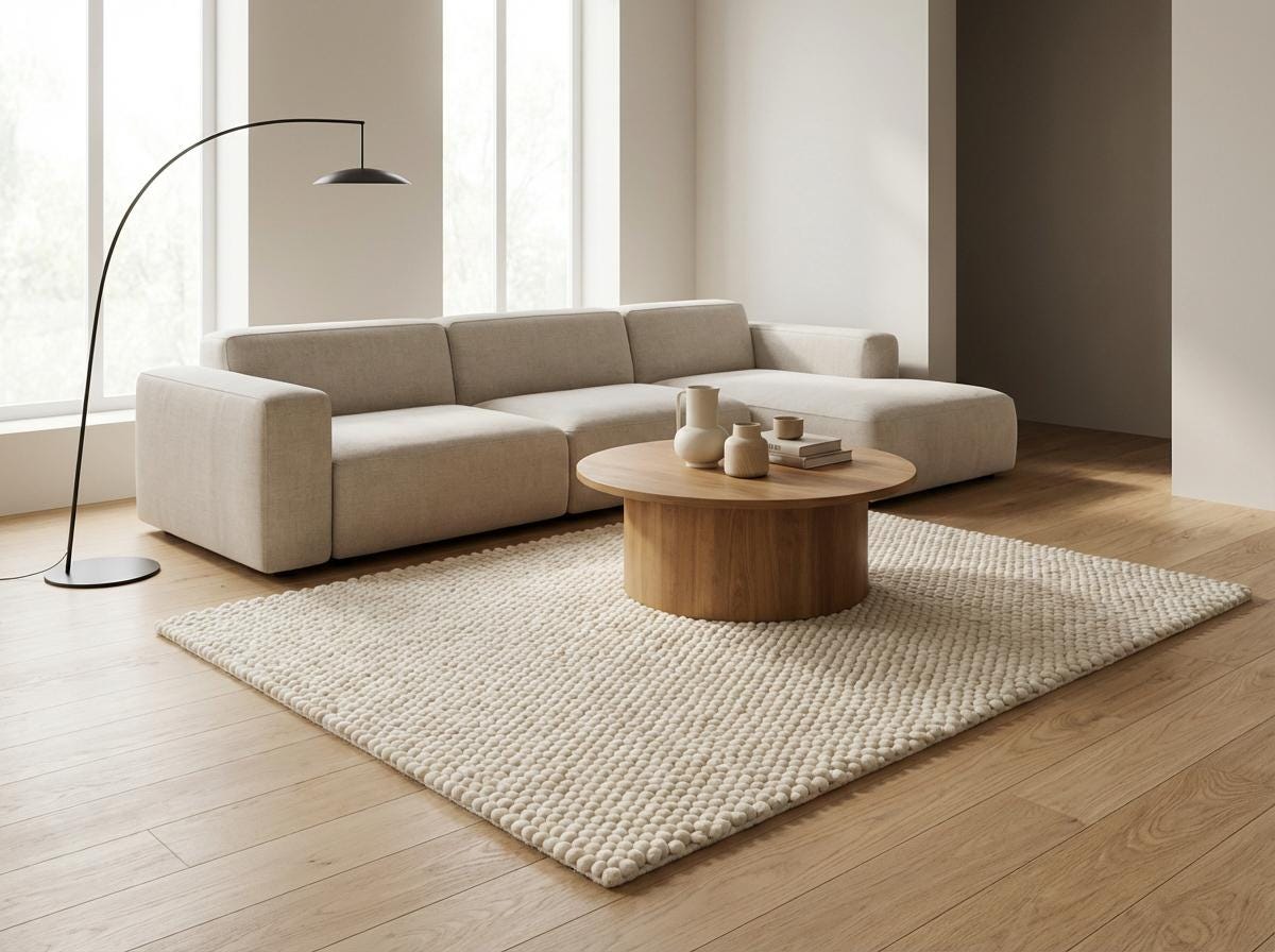 Chunky wool ivory area rug with thick textured Scandinavian design in neutral living room setting