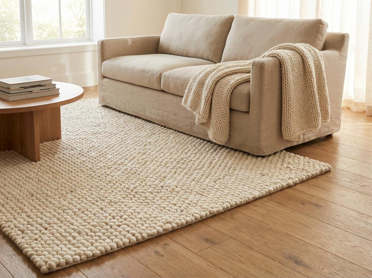 Chunky wool ivory area rug with thick, textured oversized loops and plush Scandinavian design