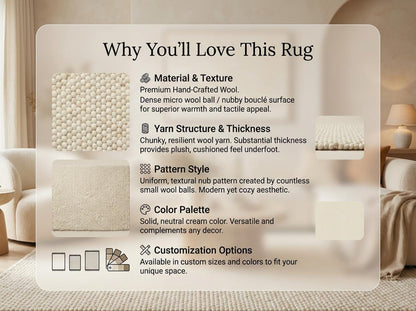 Chunky wool ivory area rug with thick oversized loops and textured Scandinavian design in a neutral living room setting