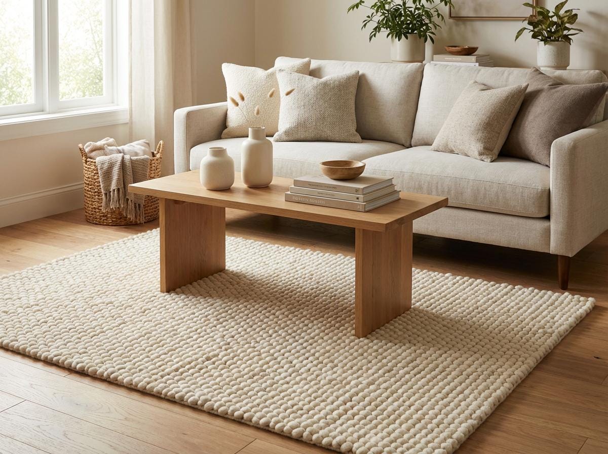 Chunky wool ivory area rug with thick, oversized loops and textured Scandinavian design in a neutral living room setting
