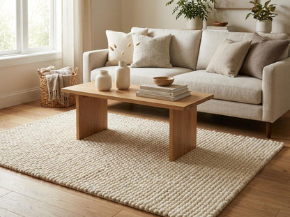 Chunky wool ivory area rug with thick, oversized loops and textured Scandinavian design in a neutral living room setting