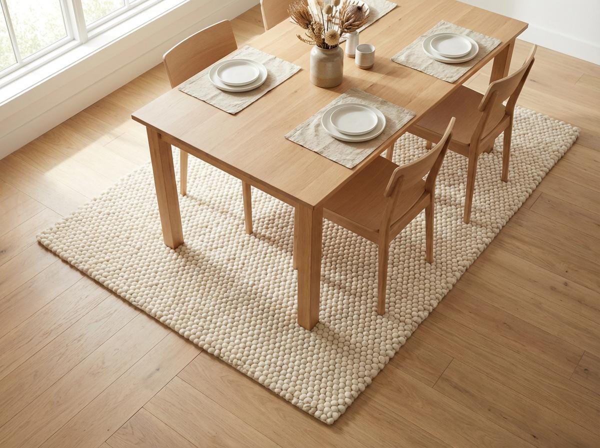 Chunky wool ivory area rug with thick textured loops in a Scandinavian neutral living room setting