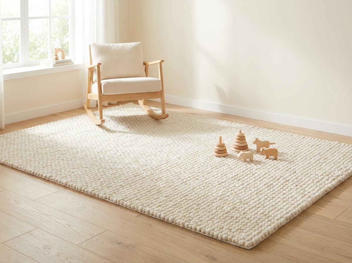 Chunky wool ivory area rug with thick textured loops in a Scandinavian neutral living room setting