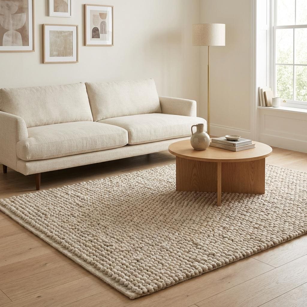 Chunky Wool Knit Neutral Area Rug, Thick Textured Loop Rug, Cozy Scandinavian Minimalist Floor Rug
