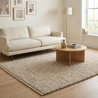Chunky Wool Knit Neutral Area Rug, Thick Textured Loop Rug, Cozy Scandinavian Minimalist Floor Rug