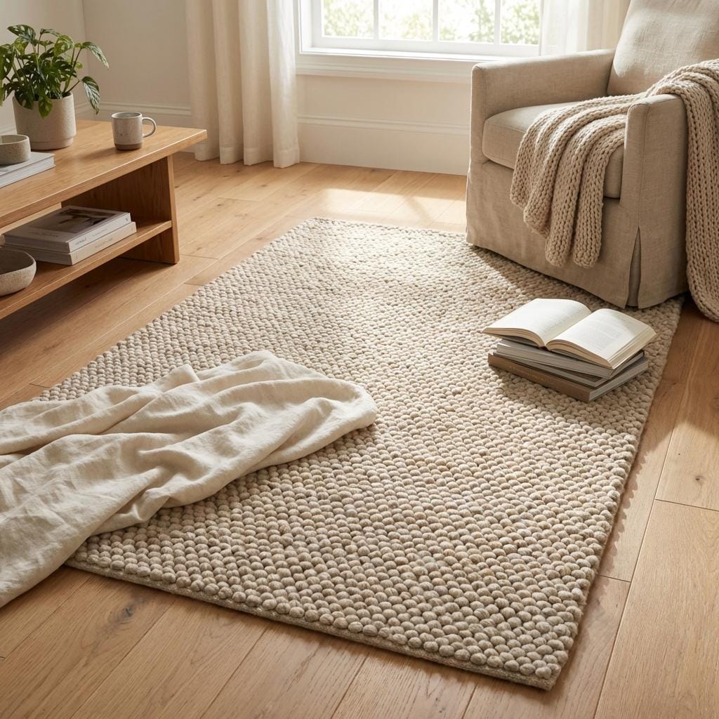 Chunky Wool Knit Neutral Area Rug, Thick Textured Loop Rug, Cozy Scandinavian Minimalist Floor Rug