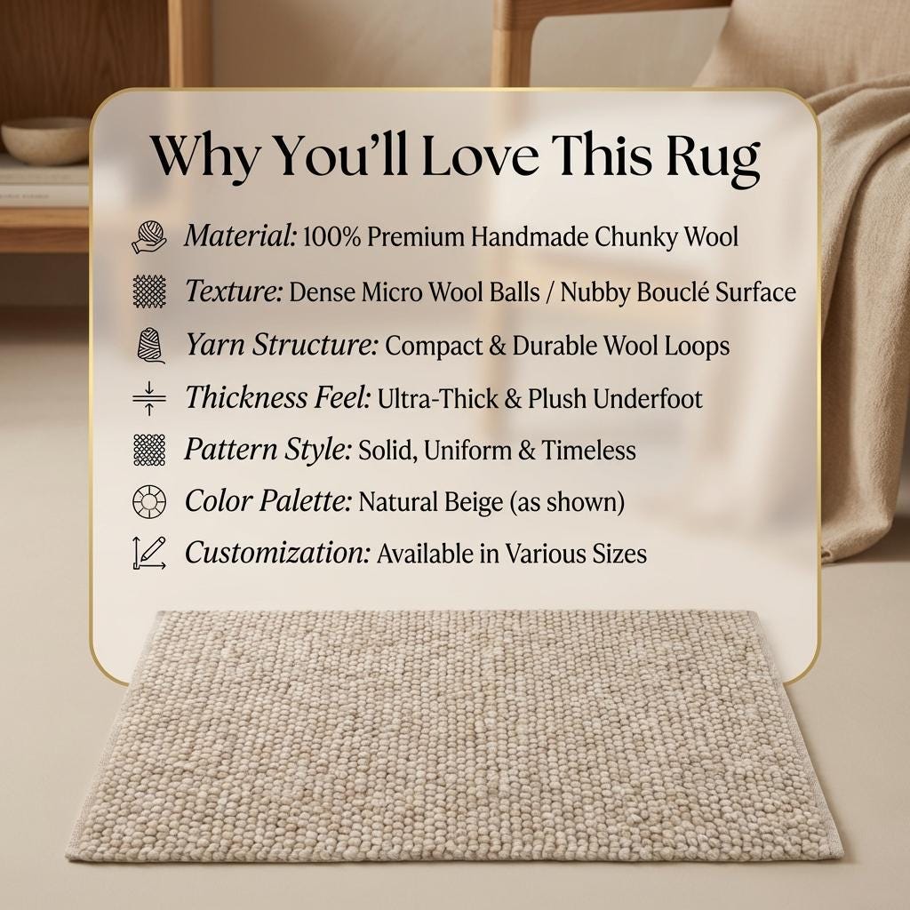 Chunky Wool Knit Neutral Area Rug, Thick Textured Loop Rug, Cozy Scandinavian Minimalist Floor Rug