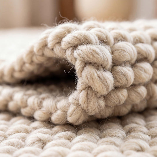 Chunky wool knit neutral area rug with thick textured loop design for cozy Scandinavian minimalist decor