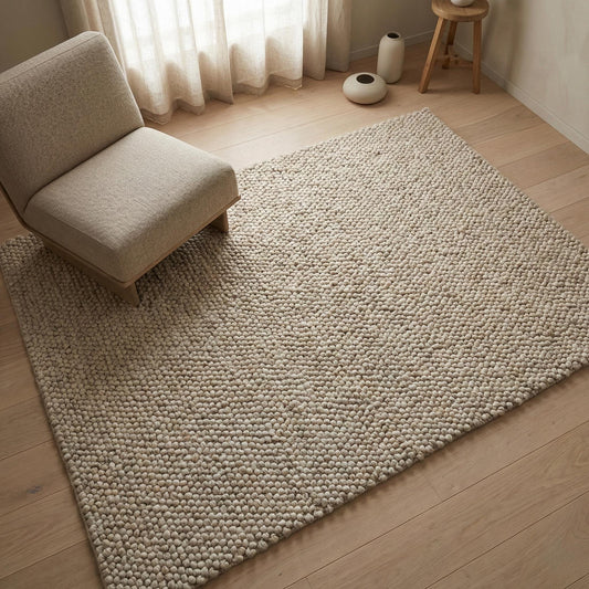 Chunky wool loop area rug with oversized loops in neutral handcrafted textured design for modern organic living room decor