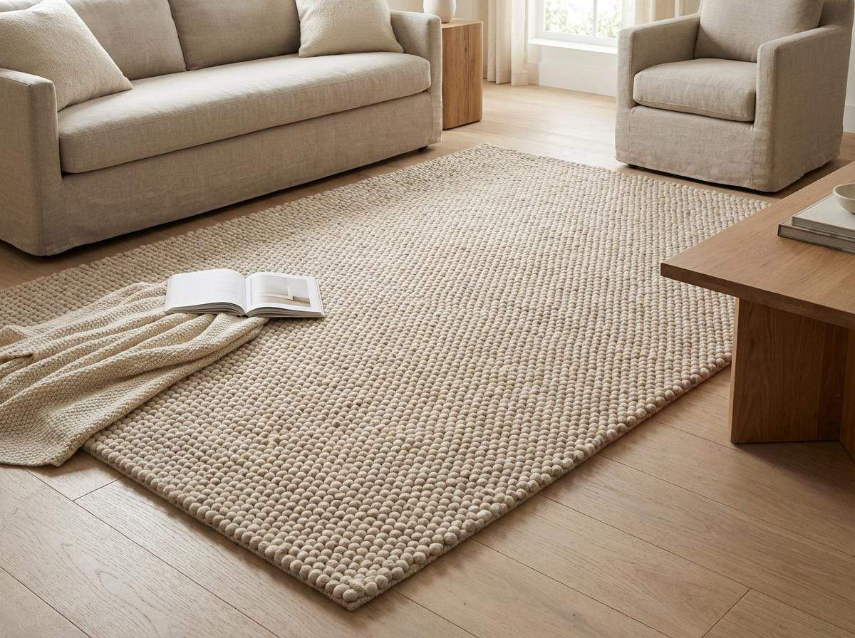 Cozy contemporary bedroom-style setting with soft neutral textured area rug