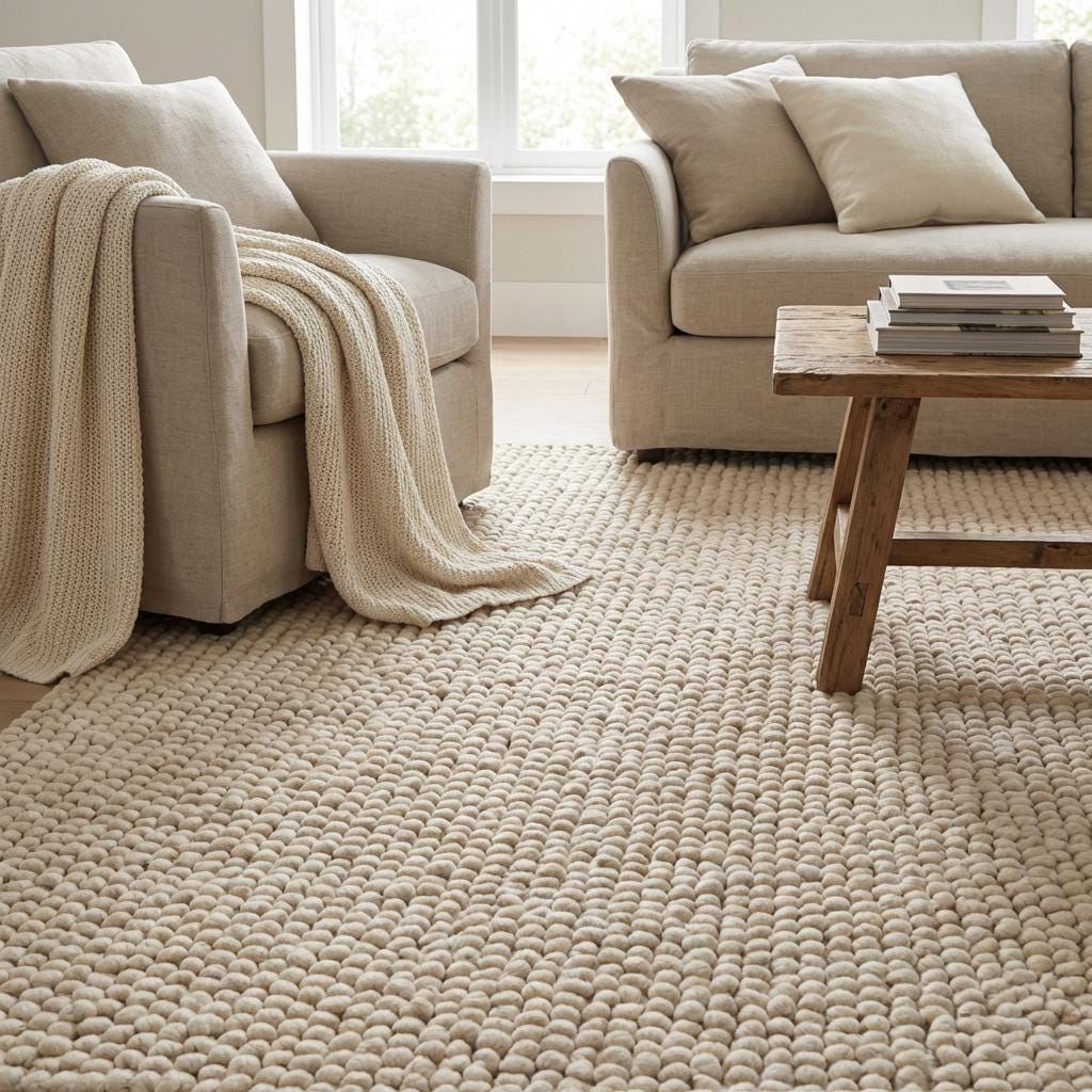 Chunky wool loop rug in cream with thick, textured oversized yarn loops for cozy, modern organic decor