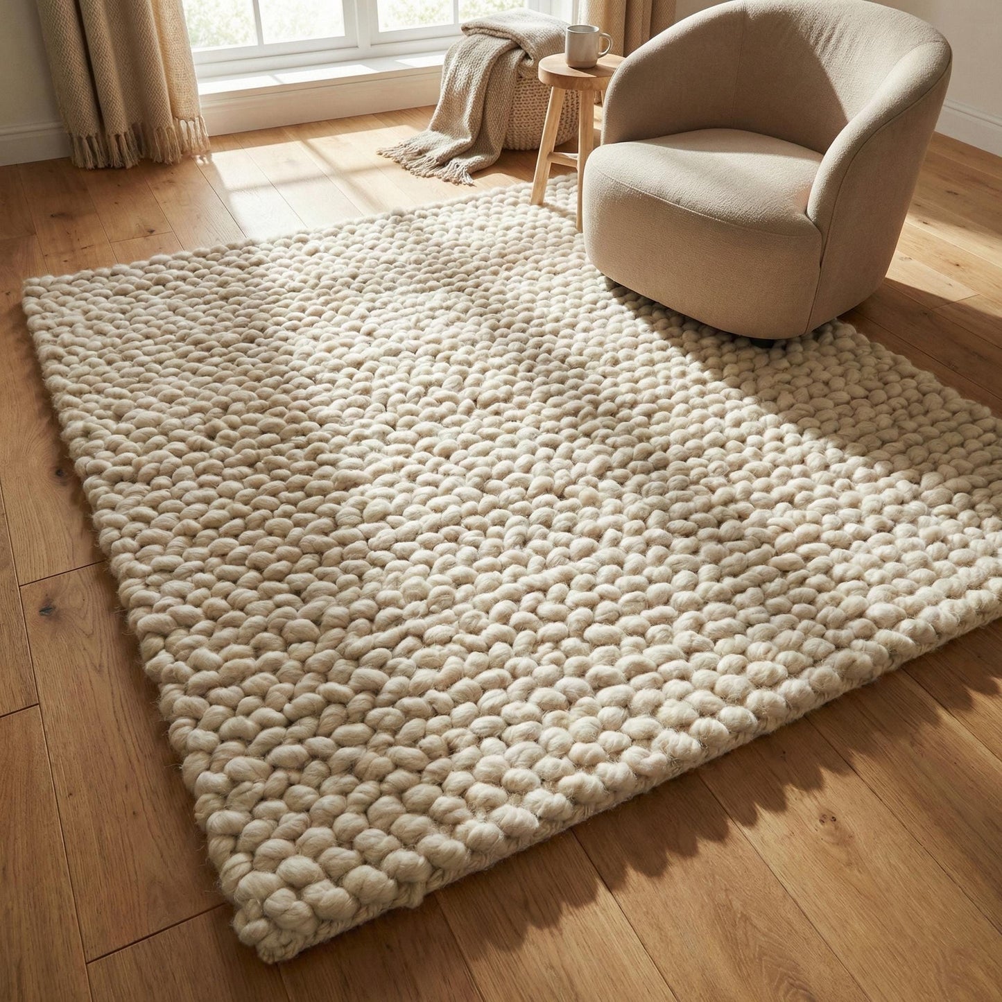 Chunky wool loop rug in cream with oversized yarn loops and plush textured surface for cozy modern interiors