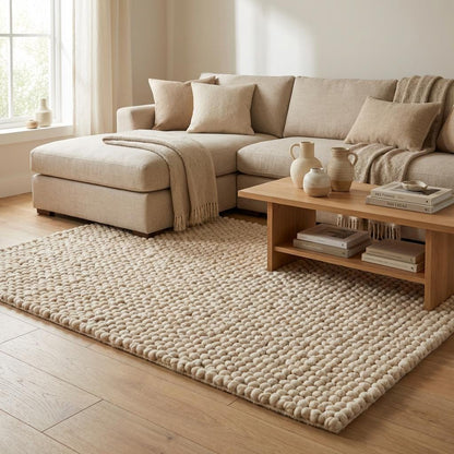 Chunky wool loop rug in cream with thick textured loops for cozy modern organic decor