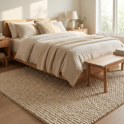 Cream chunky wool loop rug with oversized yarn loops and textured plush surface in cozy modern interior