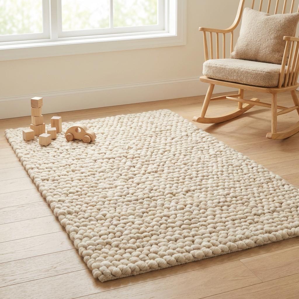 Chunky wool loop rug in warm cream with thick, textured yarn loops, perfect for cozy modern living spaces.