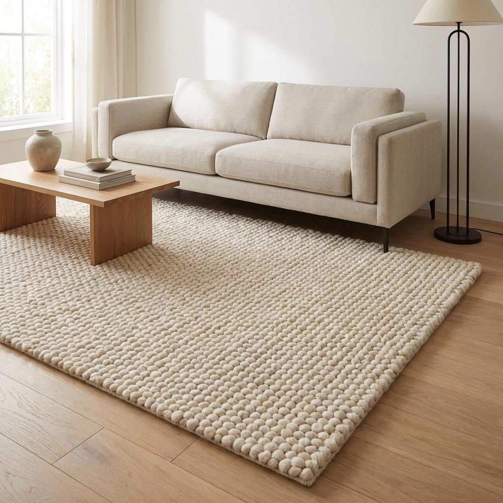 Cream chunky wool loop rug with thick textured yarn, modern cozy handcrafted area carpet