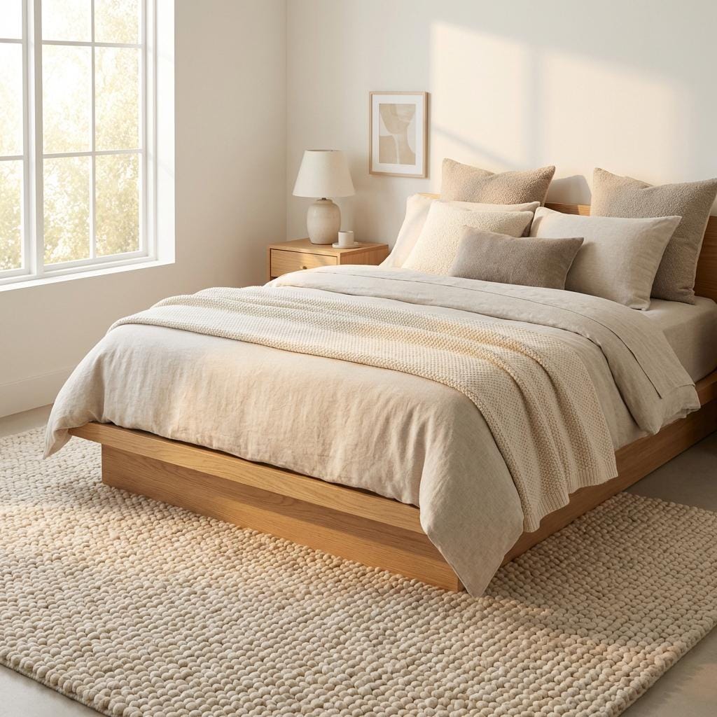 Chunky wool loop rug with oversized cream loops and plush texture for cozy, neutral hygge decor