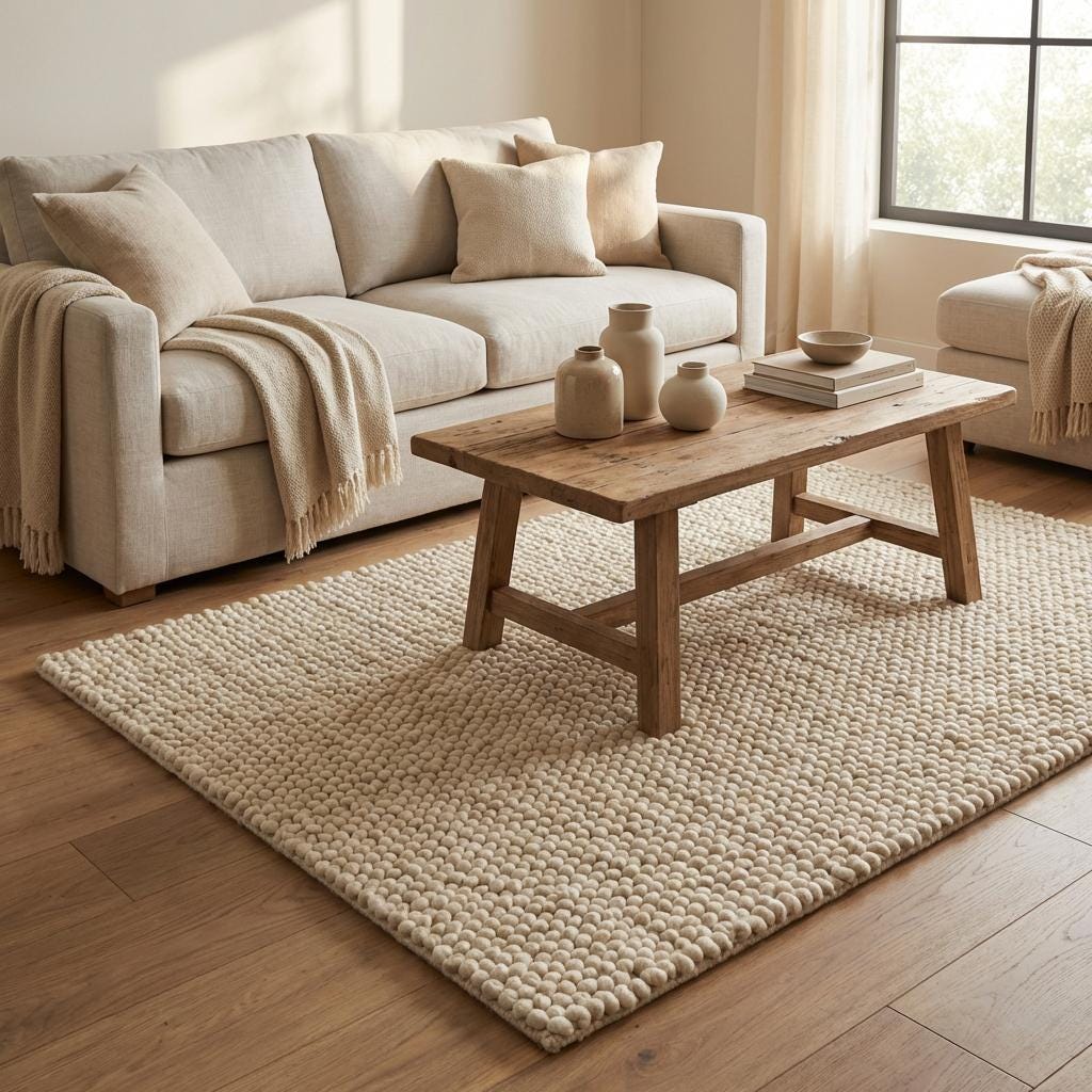 Chunky wool loop rug with oversized loops, handcrafted cream textured area rug for cozy neutral decor
