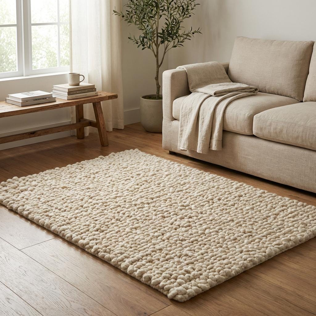 Handcrafted chunky wool loop rug in cream with thick textured loops for cozy neutral hygge decor