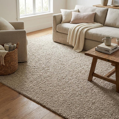 Neutral beige chunky wool loop rug thick textured minimalist Scandinavian area rug in modern cozy home decor setting