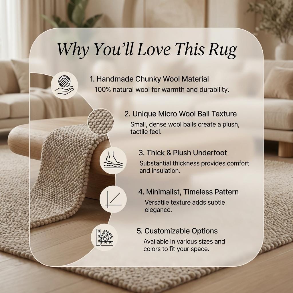 Handwoven chunky wool loop rug in neutral beige with thick textured fibers for cozy minimalist Scandinavian home decor