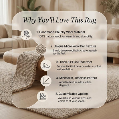 Handwoven chunky wool loop rug in neutral beige with thick textured fibers for cozy minimalist Scandinavian home decor
