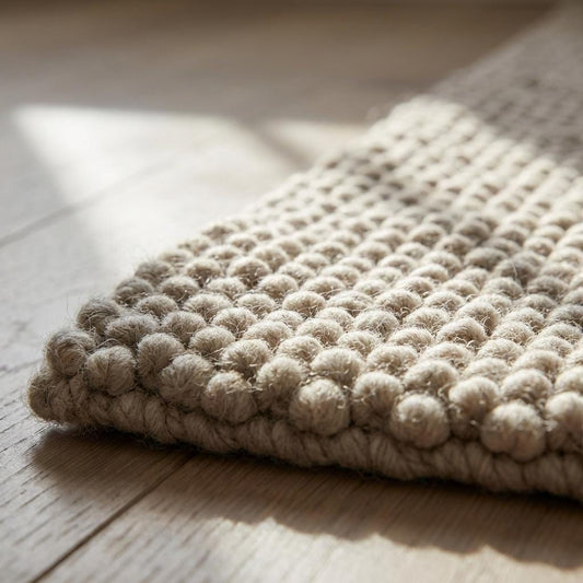 Close-up of chunky loop rug texture showing thick handwoven fibers, dense wool loops, and soft tactile surface in neutral beige tone for premium quality rug detail