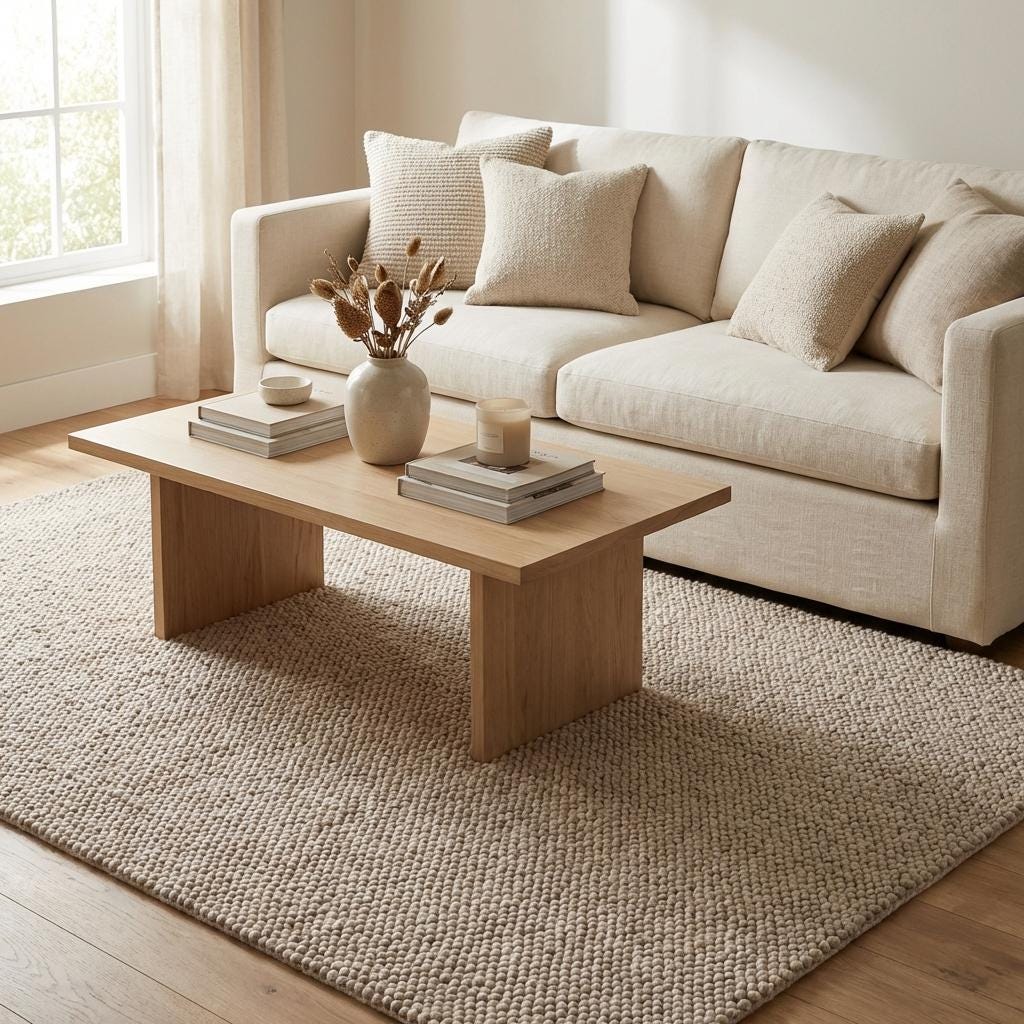 Handwoven chunky wool loop rug in neutral beige with thick texture for cozy modern Scandinavian decor
