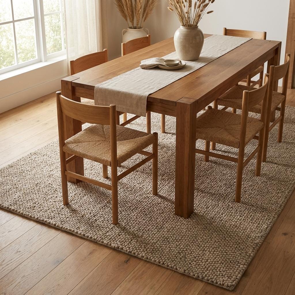 Handwoven chunky wool loop rug in neutral beige with thick textured weave, ideal for minimalist Scandinavian home decor