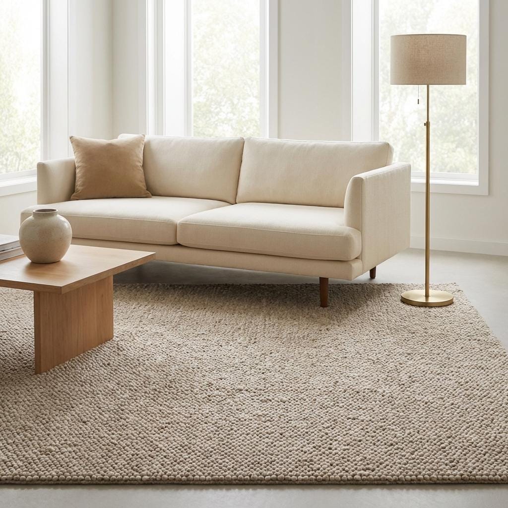 Neutral beige chunky wool loop rug with thick texture in minimalist Scandinavian style living room