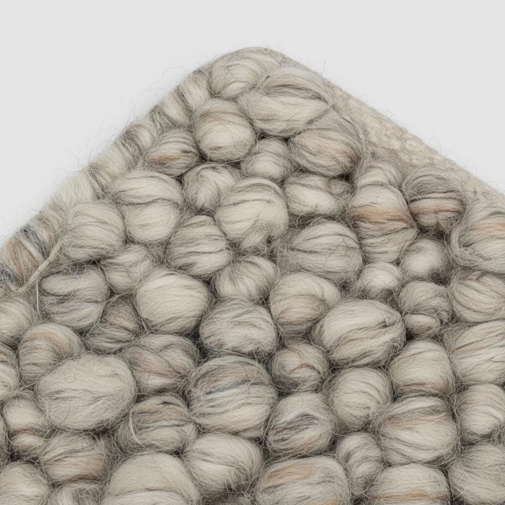 High-quality natural wool rug in textured loops, close-up showing soft neutral color palette for Scandinavian interiors.
