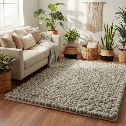 Chunky Wool Loop Rug, Textured Neutral Wool Area Rug, Handmade Pebble Carpet, Cozy Farmhouse Decor, Natural Wool Mat, Scandinavian Style