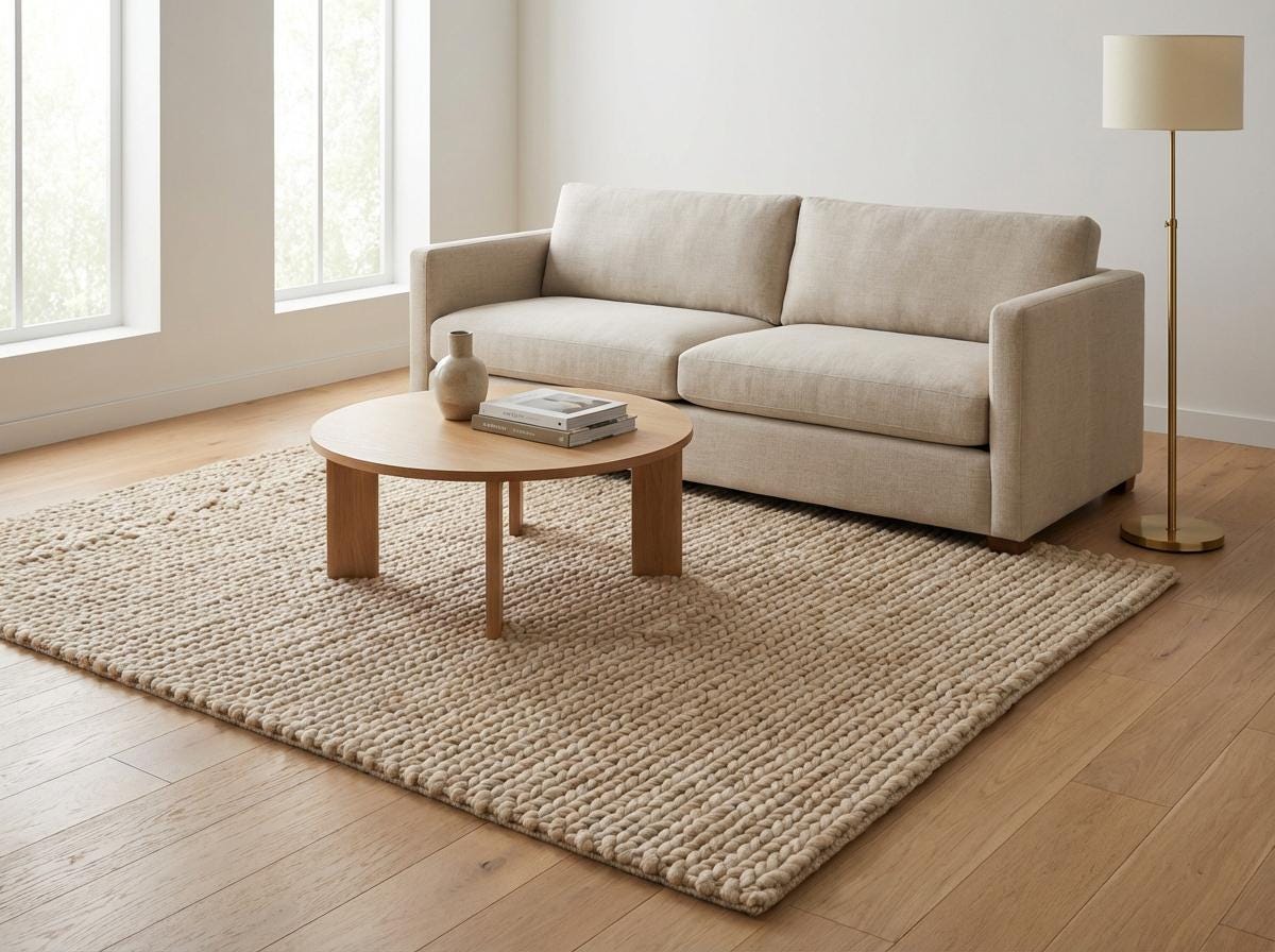 Chunky wool neutral area rug with thick textured knit and cozy light tones in modern organic living space