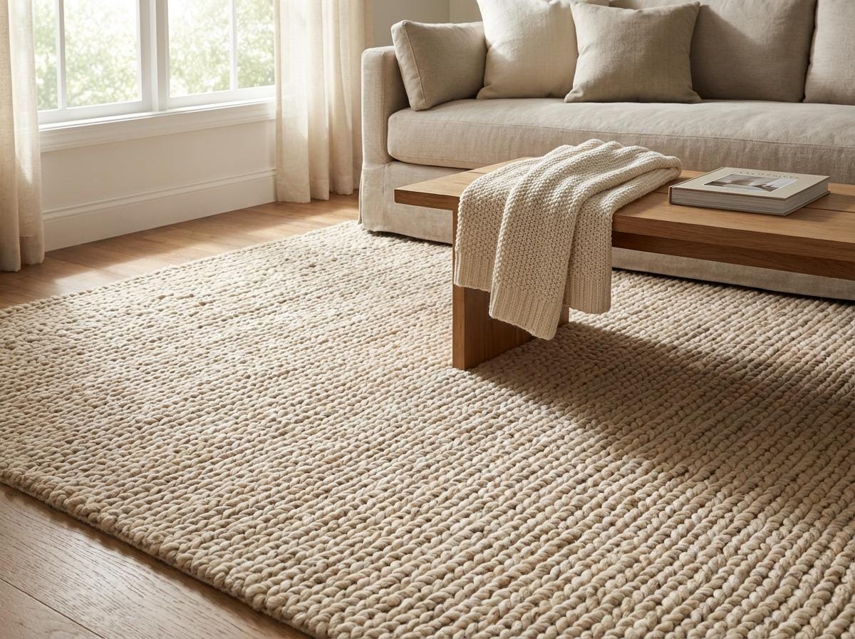 Chunky wool neutral area rug with thick textured knit in cozy modern living room