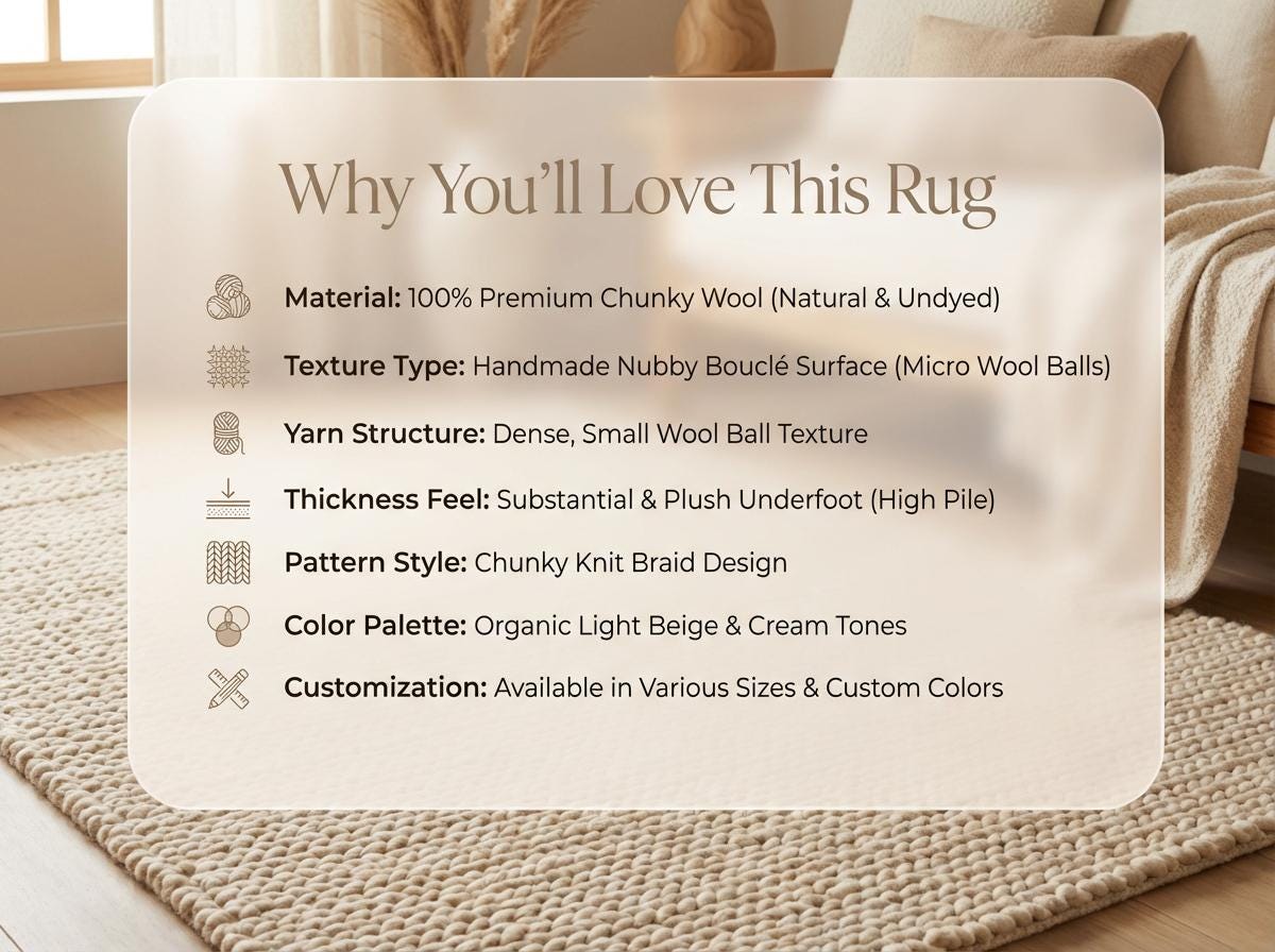 Chunky wool neutral area rug with thick knit texture in cozy modern living room