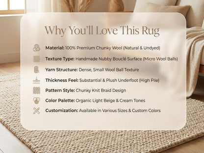 Chunky wool neutral area rug with thick knit texture in cozy modern living room