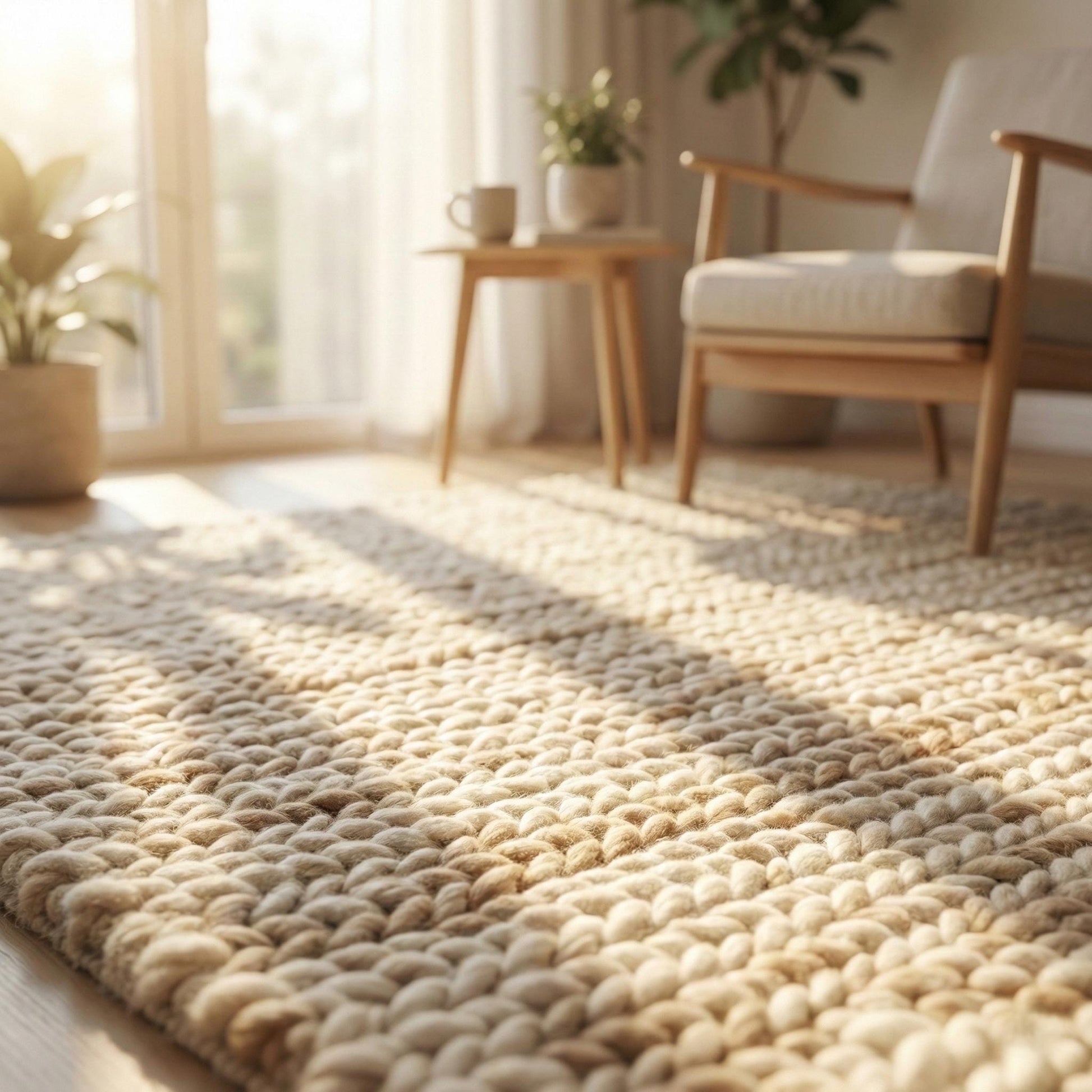 Chunky wool neutral area rug with thick knit texture for cozy modern living spaces