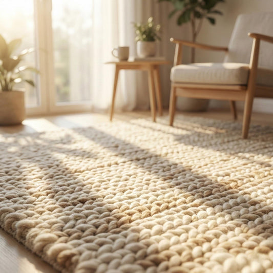 Chunky wool neutral area rug with thick knit texture for cozy modern living spaces