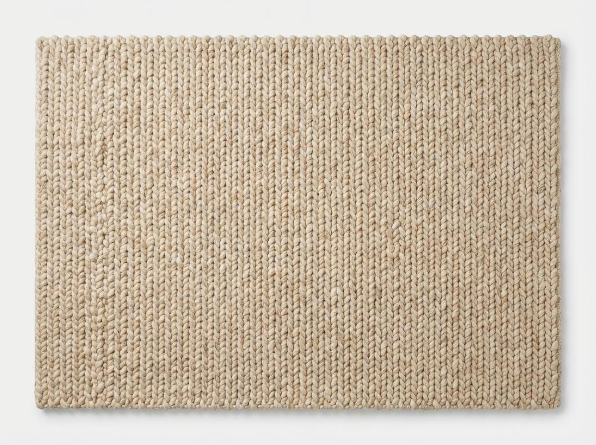 Chunky wool neutral area rug with thick textured knit design in a modern organic living space