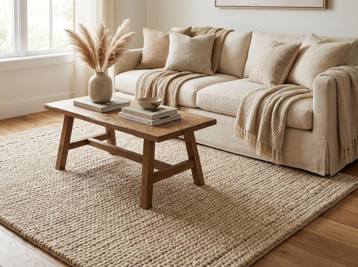 Chunky wool neutral area rug with thick textured knit and cozy organic design