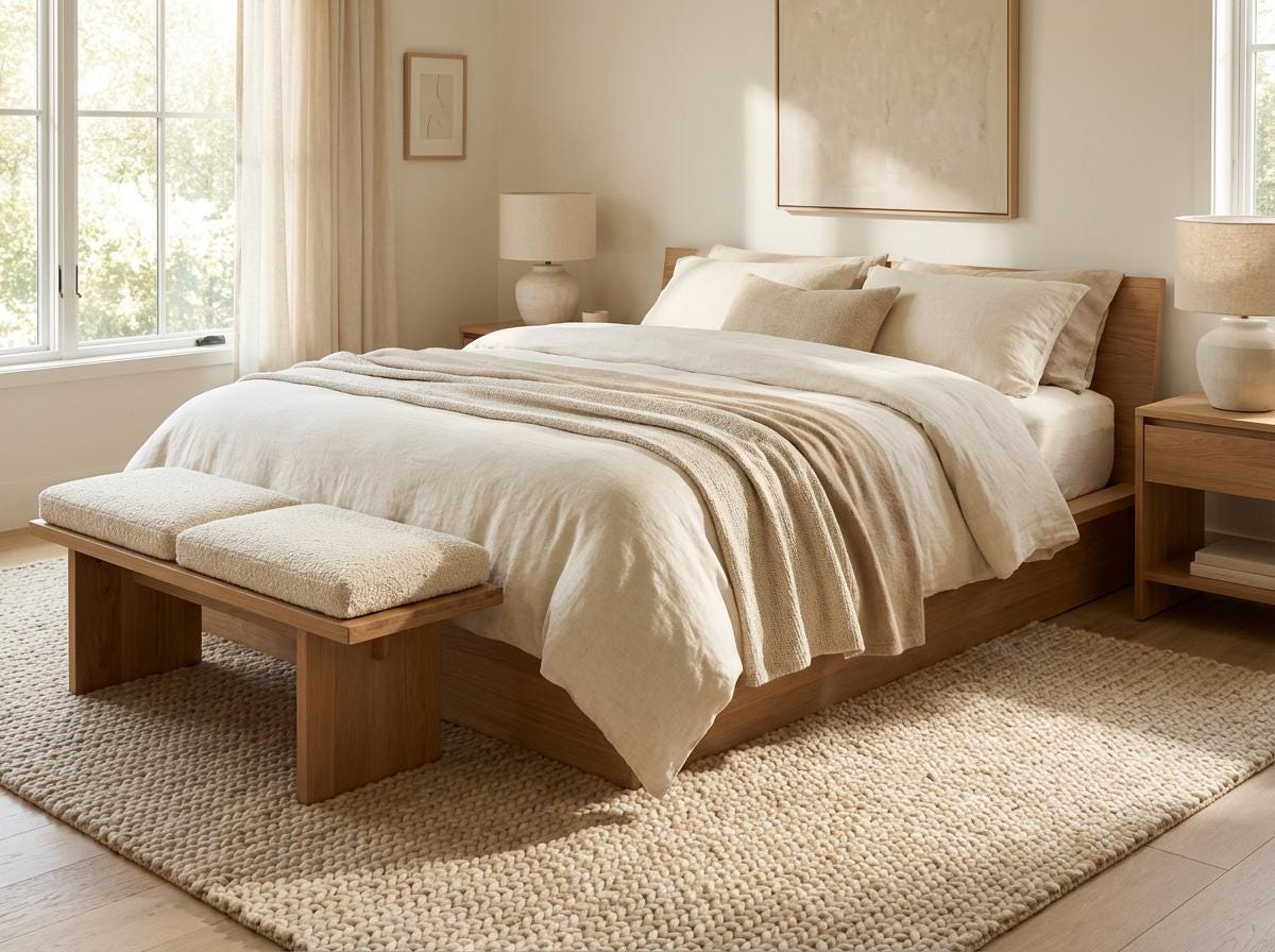Chunky wool neutral area rug with thick textured knit in a cozy modern living space
