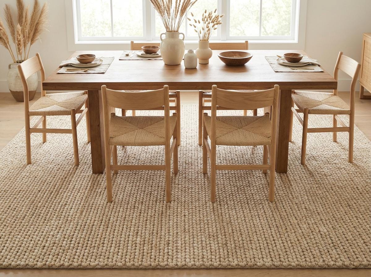 Chunky wool neutral area rug with thick textured knit in cozy modern living room