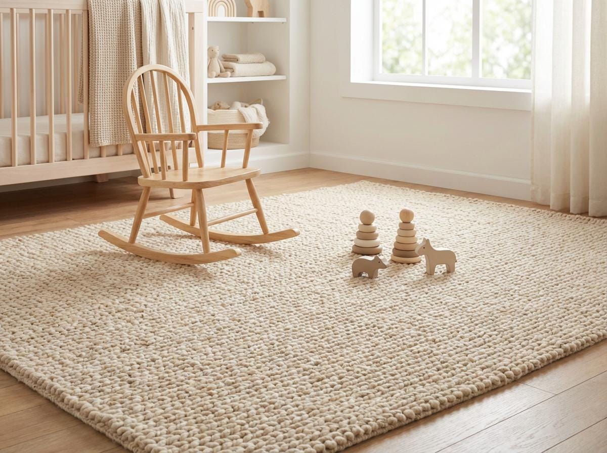 Chunky wool neutral area rug with thick, hand-knit texture in light tones for cozy modern living spaces