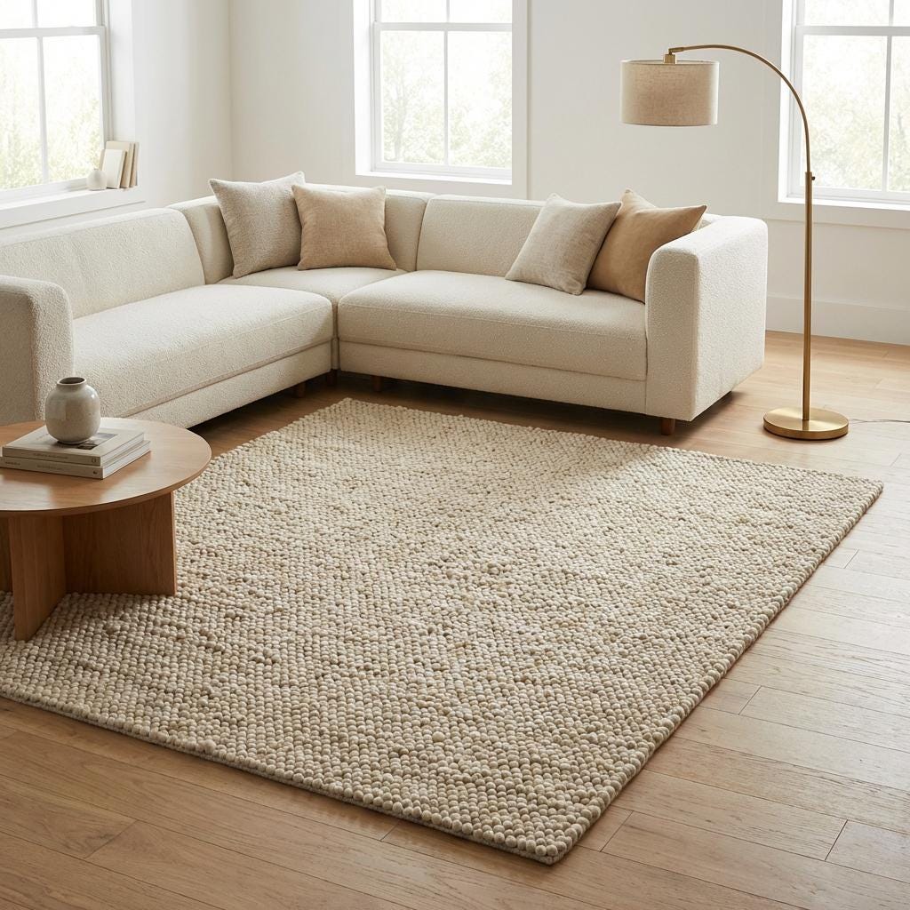 Chunky Wool Neutral Area Rug, Thick Textured Cream Floor Rug for Cozy Modern Interiors
