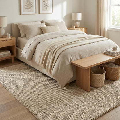 Cozy neutral rug placed in a calm bedroom setting